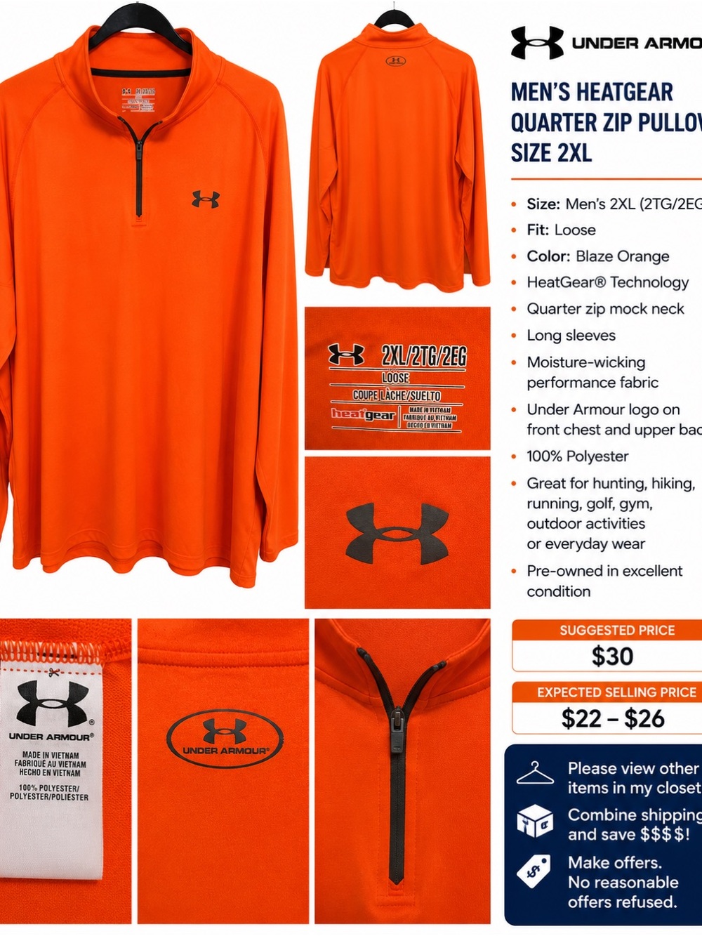 Under Armour HeatGear Men’s 2XL Orange Quarter Zip pullover long sleeve Perform